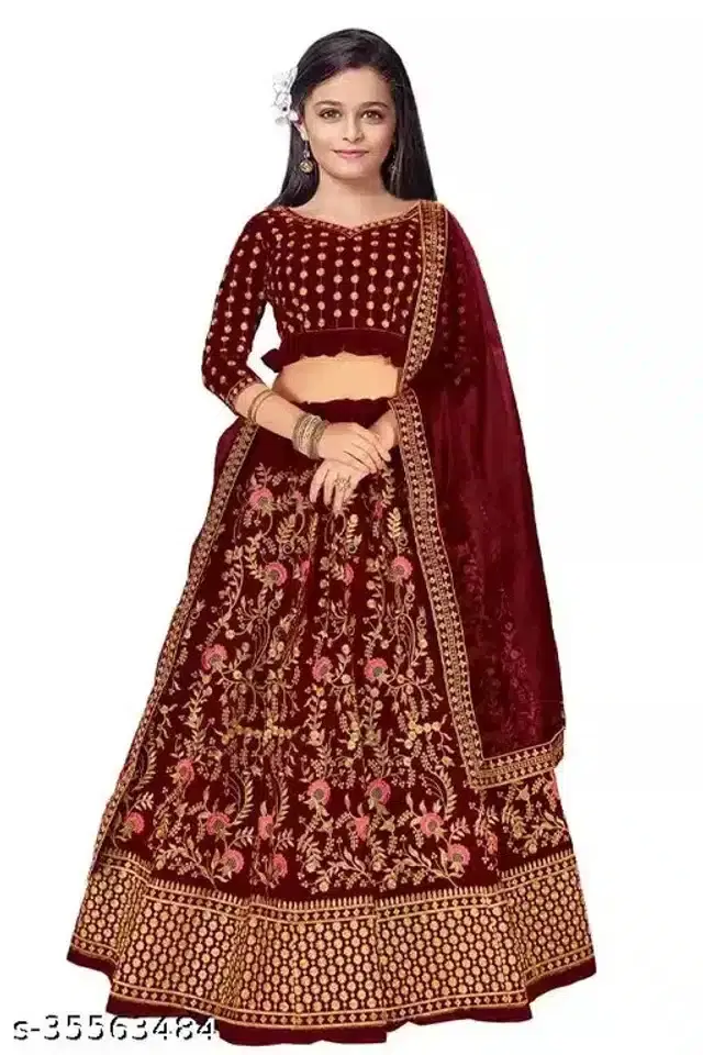 Net Embroidered Lehenga Choli with Dupatta for Girls (Maroon, 11-12 Years)