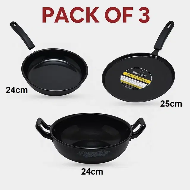 3 pc Enamel Coated Cookware set (Dosa Tawa 25cm, Kadhai 24cm, Fry Pan 24cm)