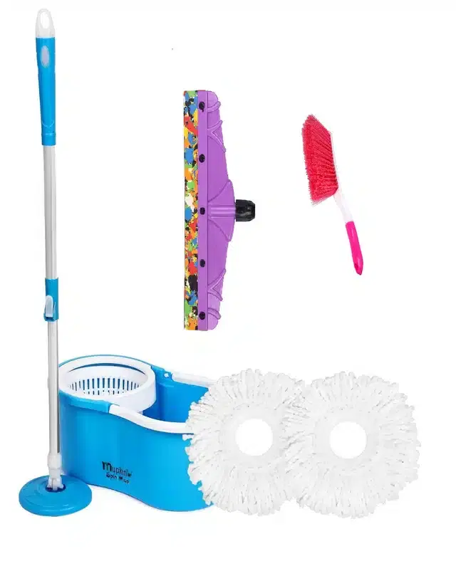 PVC Magic Spin Bucket Mop with 2 Refill & Cleaning Accessories Set, Blue, Set of 3