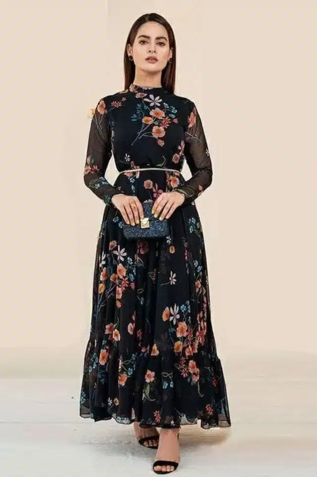 Women's Floral Print Flared Anarkali Gown (Black, M)