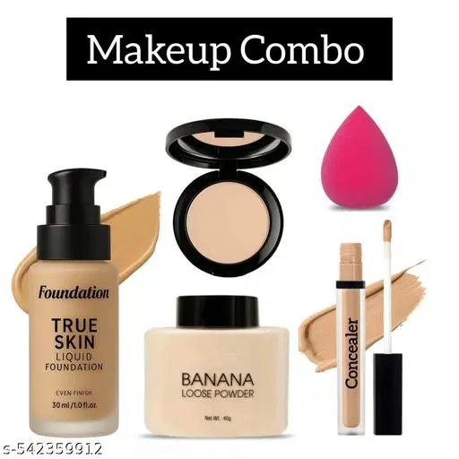Combo Of Liquid Foundation, Compact, Banana Loose Powder, Concealer & Blender (Pack Of 5) Woman & Girls