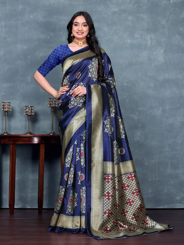 Art Silk Printed Saree for Women, Navy Blue (6.3 m)
