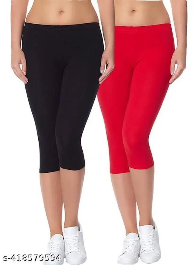 Cotton Lycra Capri for Women, Pack of 2 (Multicolor, M)