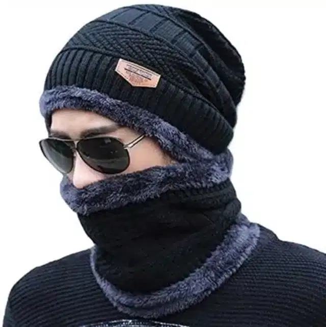 Winter Neck Warmer & Skull Cap Set for Men, Black
