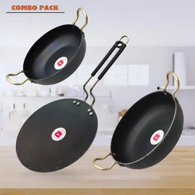 LAZYwindow Iron Deep Bottom Kadai with Insulated Handle Tawa Combo, Black, Pack of 3