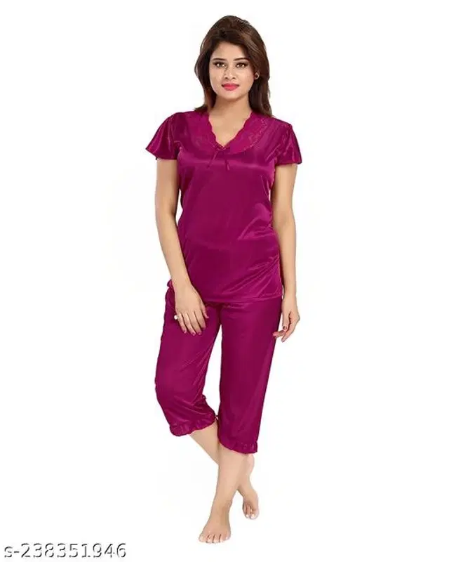 Satin Nightsuit Set for Women (Purple, M)