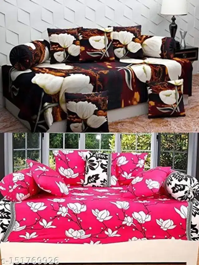 Polycotton Diwan Cover Set, Brown & Pink, Combo of 2