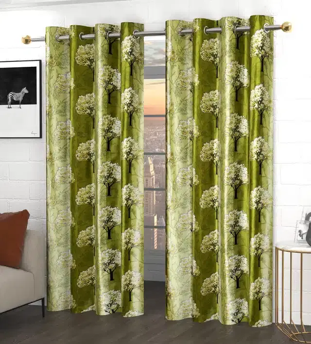 Polyester Printed Curtains for Door & Windows, Pack of 2, Green, 5 feet