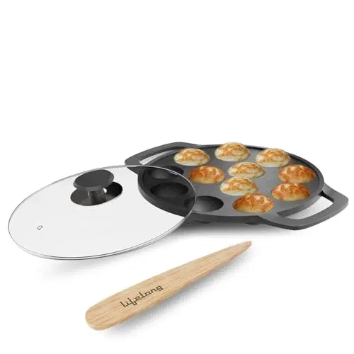 Lifelong Cast Iron Paniyaram Pan With Glass Lid & Wooden Spatula (llcip011gl)