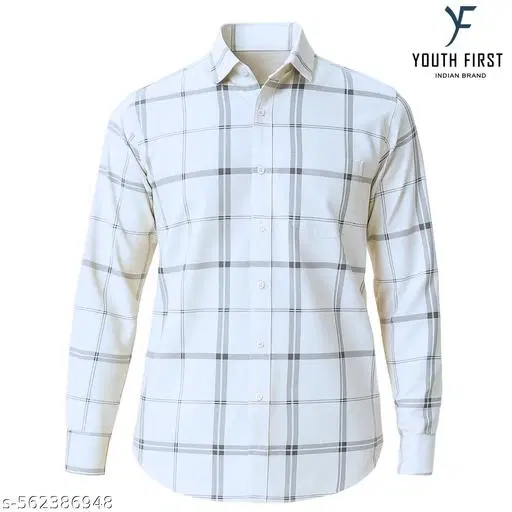 Cotton Blend Checked Shirts for Men, White (XL)