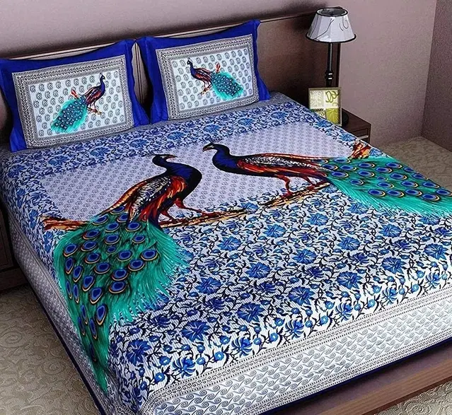 Cotton Double Peacock Bedsheet with 2 Pillow Cover Multicolor 90X100 Inches