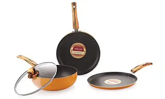 Aluminium Non Stick Tawa, Sauce Pan & Kadahi with Lid, Orange, Set of 3