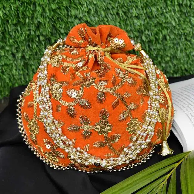 Velvet Ethnic & Traditional Handheld Potli for Women, Orange, A-57