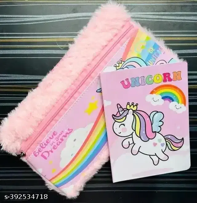 Unicorn Theme Pencil Case with Diary, Pink, Set of 2