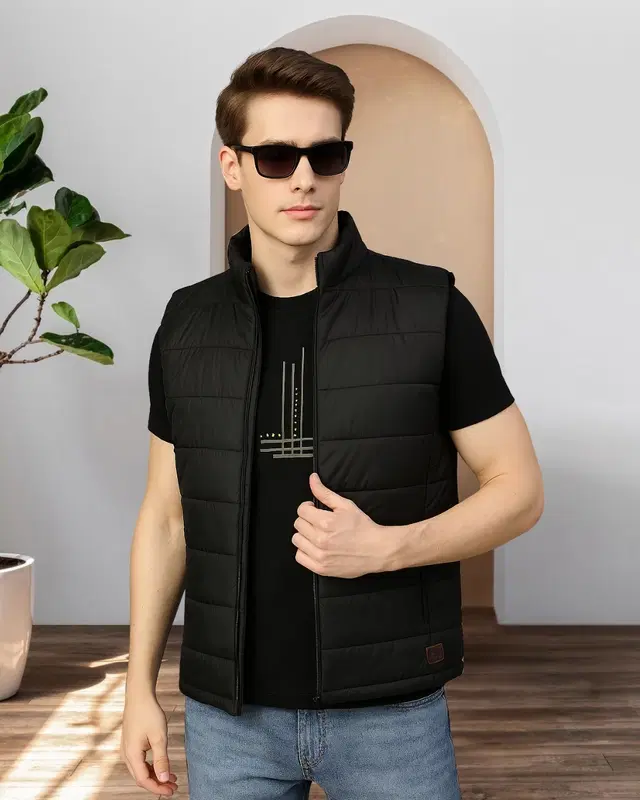 Polyester Solid Jacket For Men, Black (L)