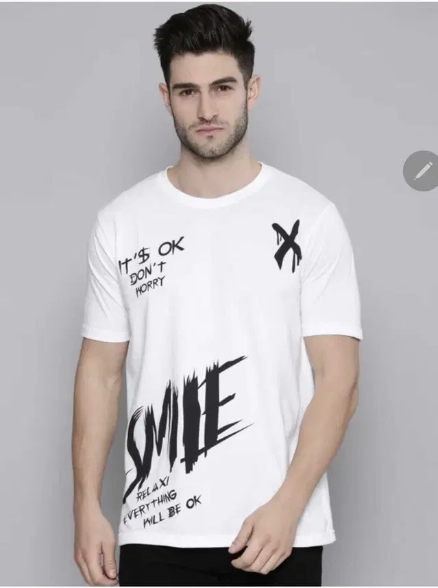 Polyester Printed T-Shirt for Men, White (L)