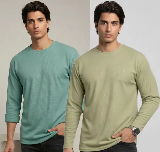Polyester T-shirt for Men, Aqua & Pista, Pack of 2 (M)