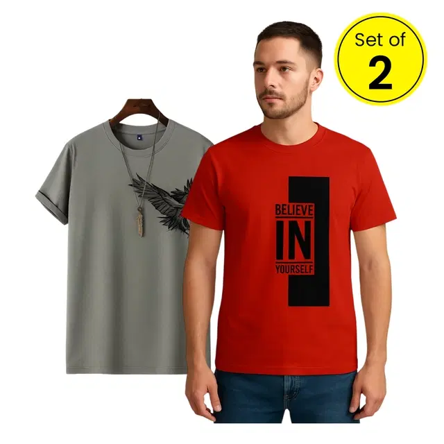Round Neck T-Shirt for Men, Pack of 2, Grey & Red (M)