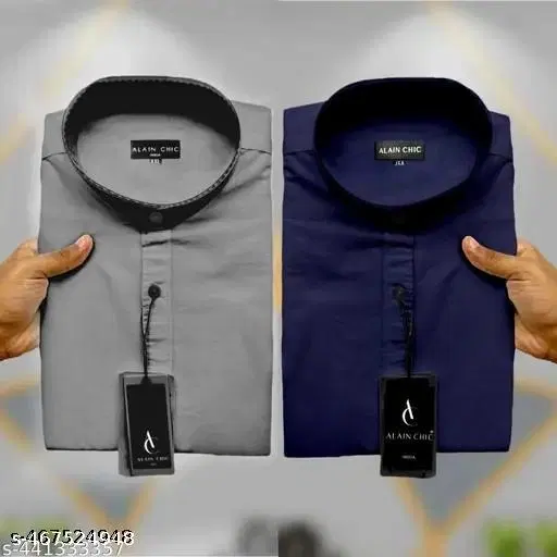 Cotton Blend Solid Shirts for Men, Grey & Navy Blue, Pack of 2 (L)