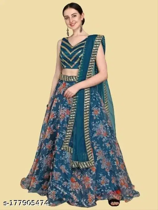 Lehenga Choli for Women (Rama, Semi Stitched)