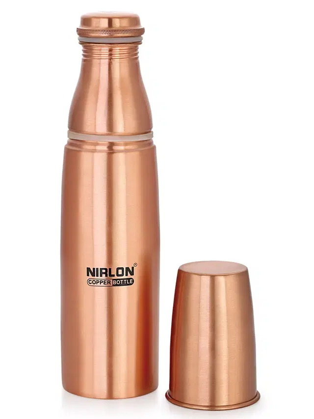 Nirlon Amrutam Copper / Tamba Water Bottle With Glass, 1000Ml, 1 Piece, Copper | Leak Proof | Office Bottle | Gym Bottle | Yoga Bottle | Home | Kitchen | Hiking | Treking Bottle | Travel Bottle