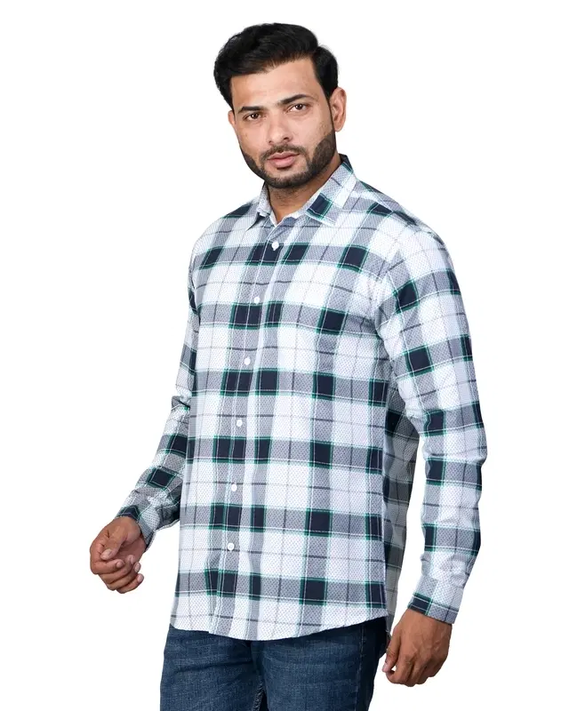 Poly Cotton Full Sleeves Chequered Shirt for Men, Green & White (L)