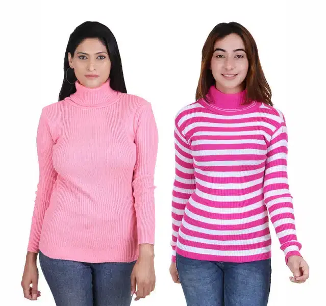 Full Sleeves Solid Sweater for Women, Pack of 2 (Pink, S)