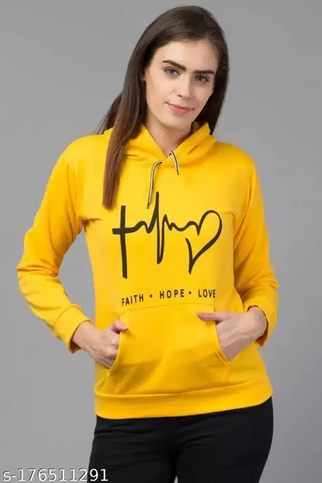 Polyester Printed Full Sleeves Hooded Sweatshirt for Women (Yellow, S)