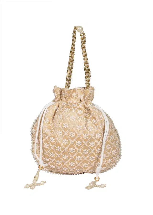 Silk Floral Ethnic Rajasthani Traditional Work Potli with Handle for Return Gifts, Beige