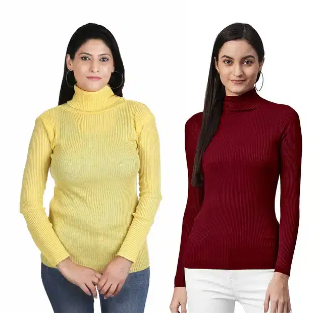 Full Sleeves High Neck Sweater for Women, Pack of 2 (Yellow & Maroon, S)