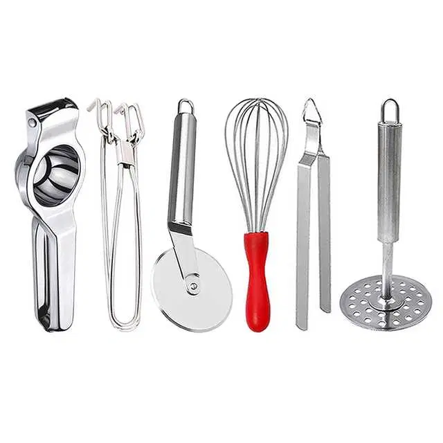 Stainless Steel Lemon Squeezer & Pakkad & Pizza Cutter & Egg Whisk & Roti Chimta & Potato Masher For Kitchen, Set of 6, OC-053