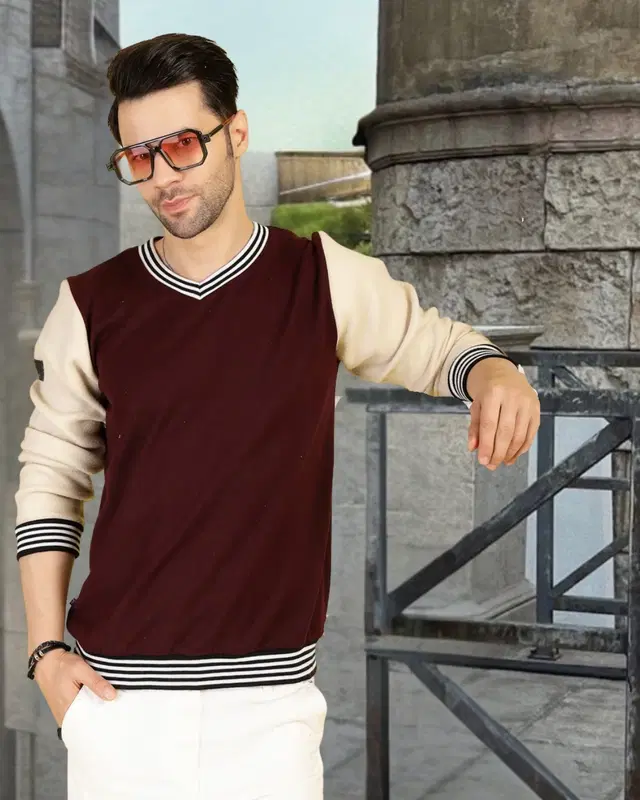 Fleece Colorblocked Sweatshirt For Men, Wine & Beige (M)