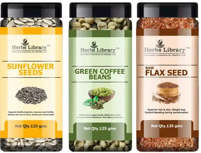 Herbs Library Sunflower Seeds, Green Coffee Beans and Raw Flax Seeds, Pack of 3, 125 g