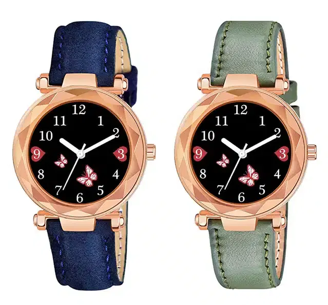 Designer Leather Analog Watch for Women & Girls, Pack of 2 (Blue & Green)