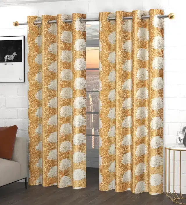 Printed Polyester Curtains, Gold, 5 feet, Pack of 2