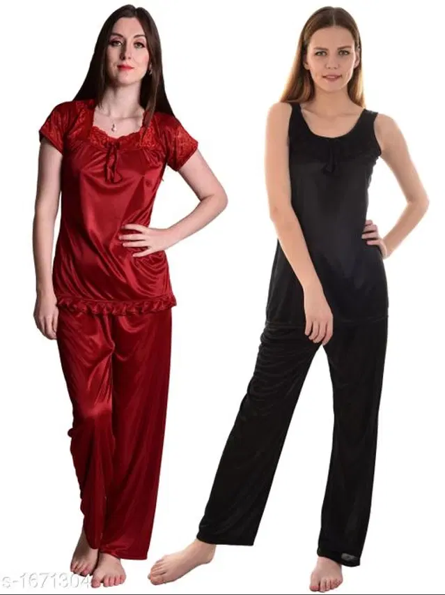 Satin Nightsuit Set for Women, Set of 2 (Red & Black, M)