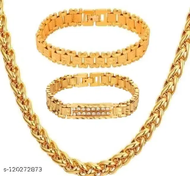 Designer Chain with 2 Pcs Bracelet for Men & Boys, Set of 2 (Gold)