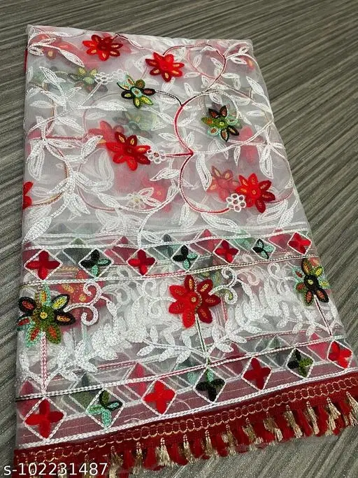 Embroidered Punjabi Net (White, Free Size)