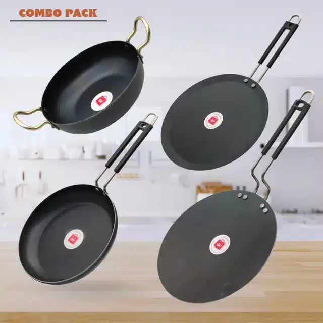 Frying Pan & Tawa Set, Pack of 4, Black, 1000 ml