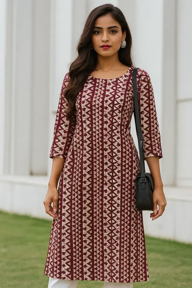 Printed Kurti for Women, Maroon (XXL)