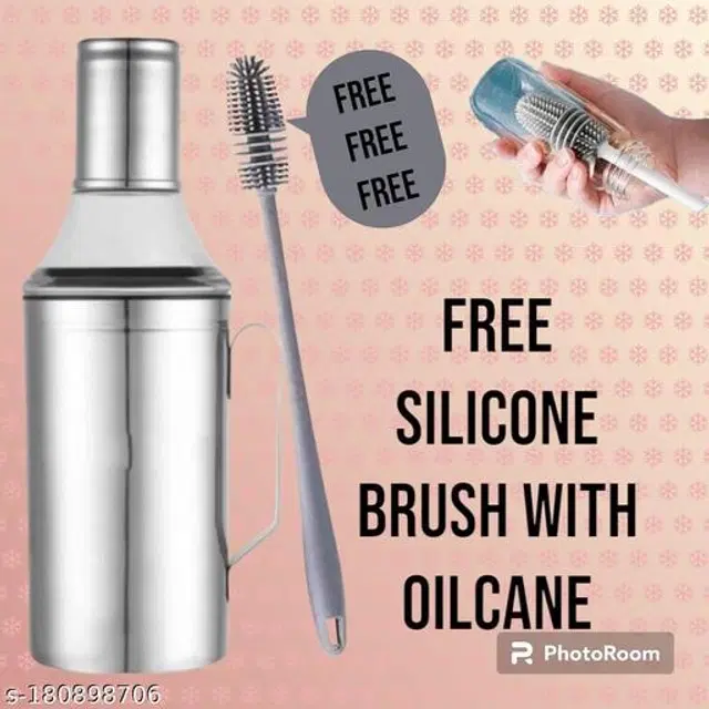 Oil Bottle with Handle & Cleaning Brush with Cleaning Brush, Set of 2, Silver, 1000 ml
