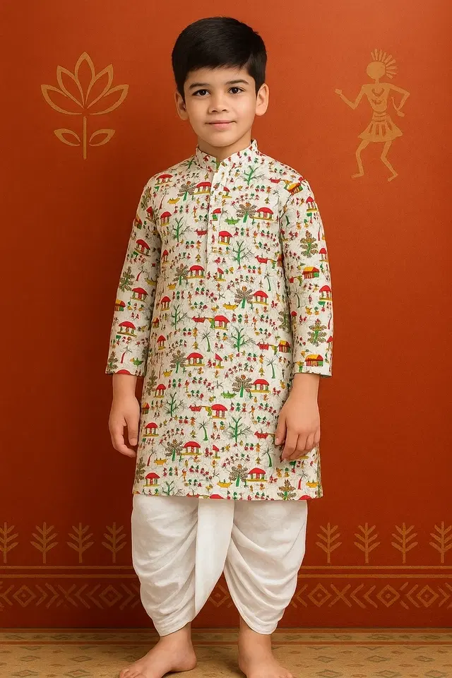 Cotton Printed Kurta with Dhoti for Boys, Red & White (6-12 Months)