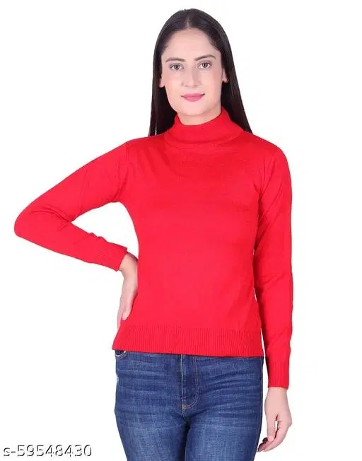 Hi-Neck Sweater for Women (Red, XL)