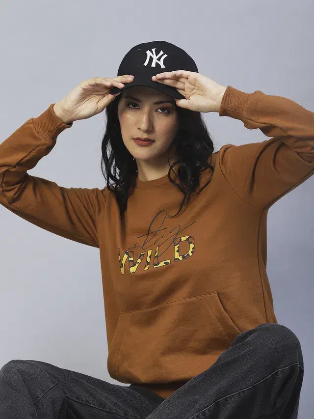 Women's Printed Round Neck Sweatshirt (Camel Brown, S)