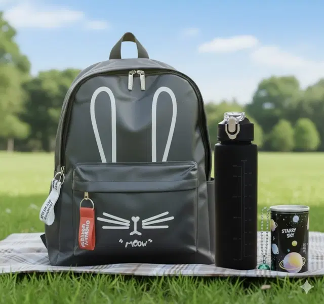 Polyester Backpack with Plastic Water Bottle, Tissue Container for Men & Women, Multicolour, Set of 1