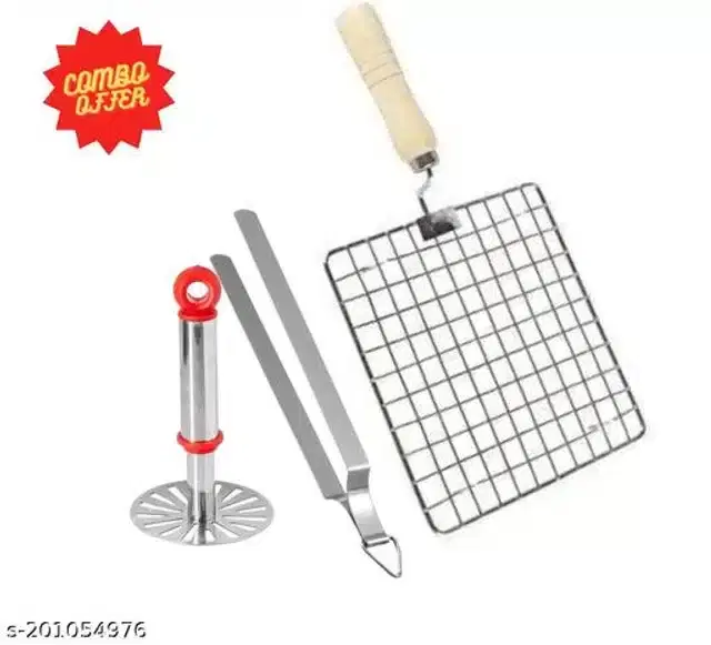 Stainless Steel BBQ Grill with Cooking Tong & Vegetable Masher, Red & Silver, Set of 3