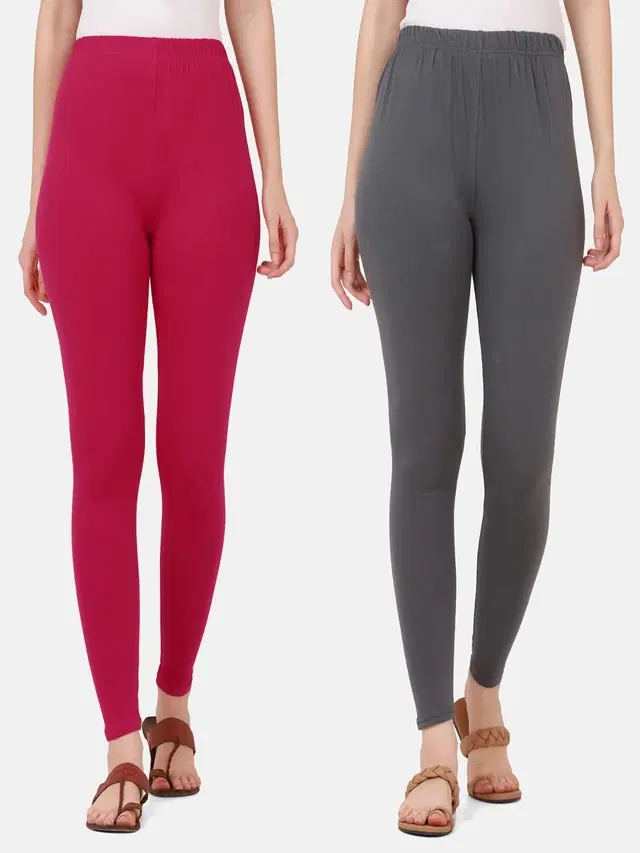 Cotton Solid Leggings for Women, Pack of 2 (Pink & Grey, XL)