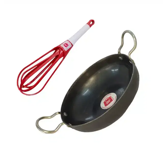 LAZYwindow Iron Deep Bottom Kadai with Foldable Plastic Whisker Combo, Black, Pack of 2