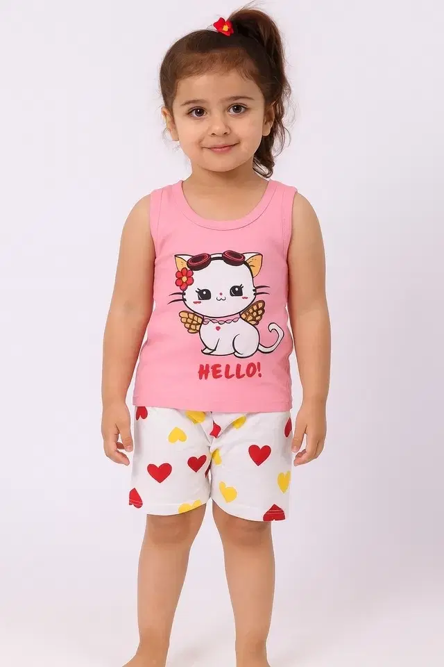 Cotton Blend Printed Clothings Set for Girls, Pink (0-6 Months)