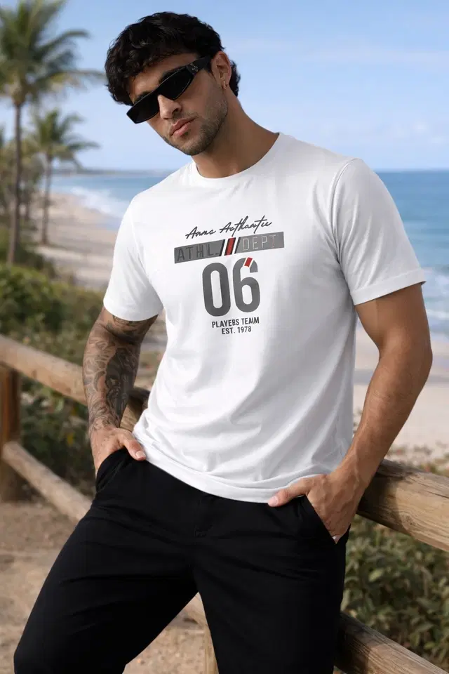 Polyester Printed T-shirt for Men, White (L)